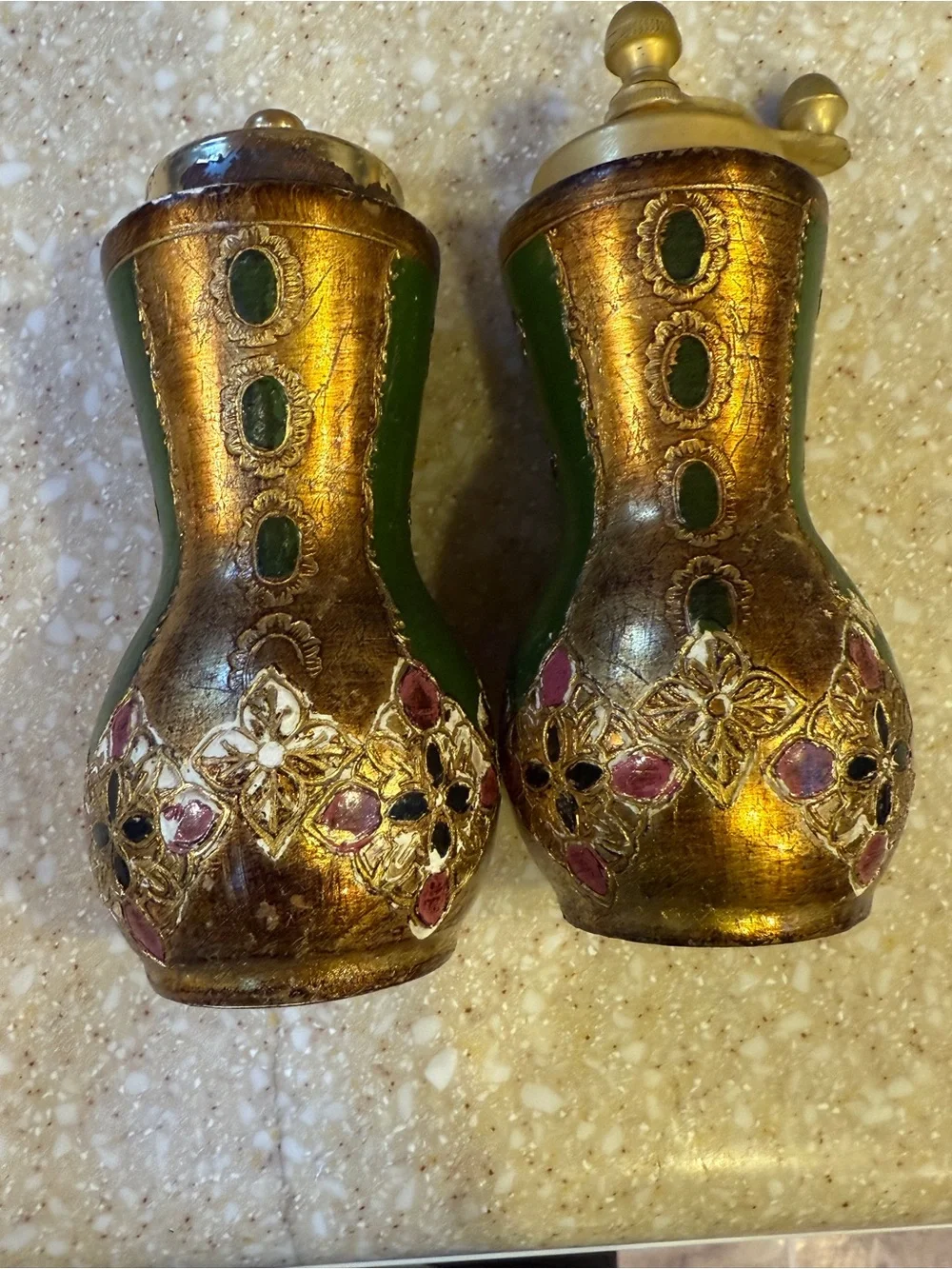 Ornate Green & Gold Decorative Salt and Pepper Shakers - Elegant Table Accent
